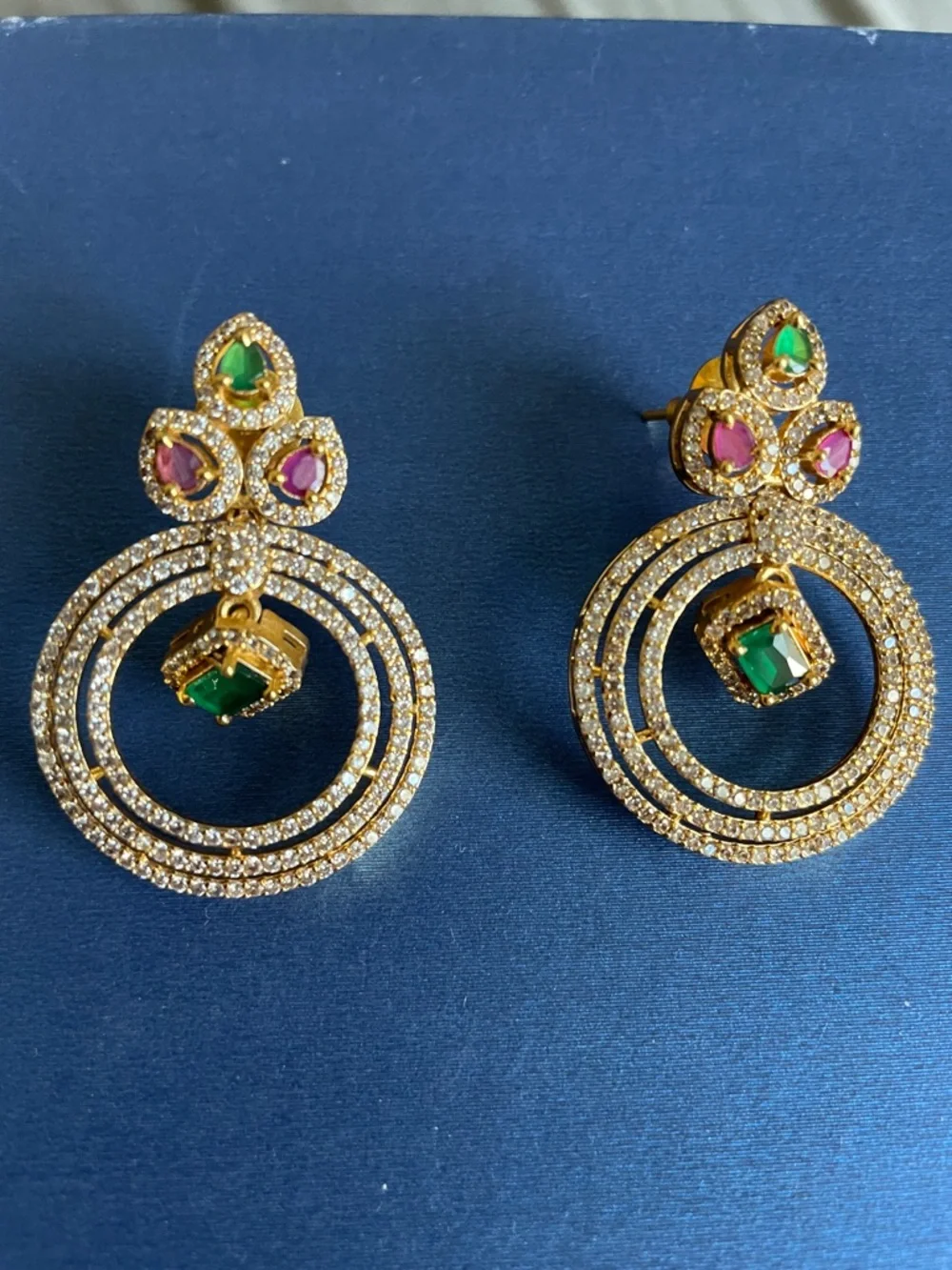 Gold-Tone Multi-Gem Drop Earrings with Green and Pink Stones